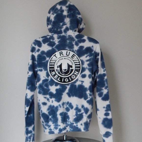 NWT MEN'S TRUE RELIGION BUDDHA TIE DYE PULLOVER HOODIE JACKET DRK BLUE WHITE - Picture 3 of 7